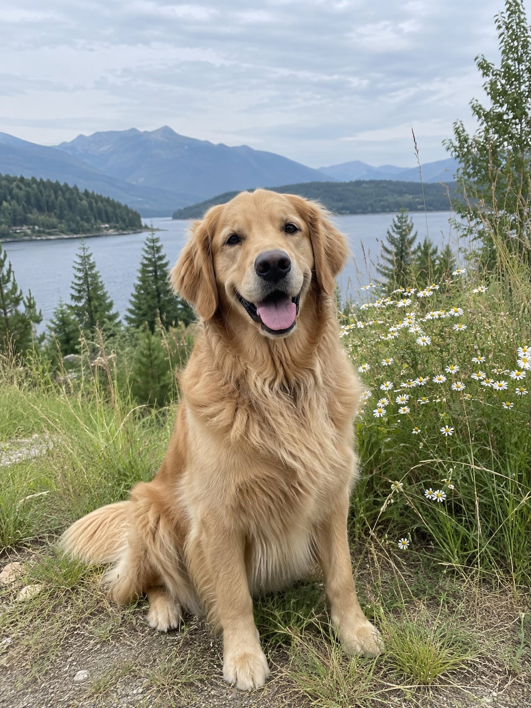 A golden retriever beside grasses and flowers
