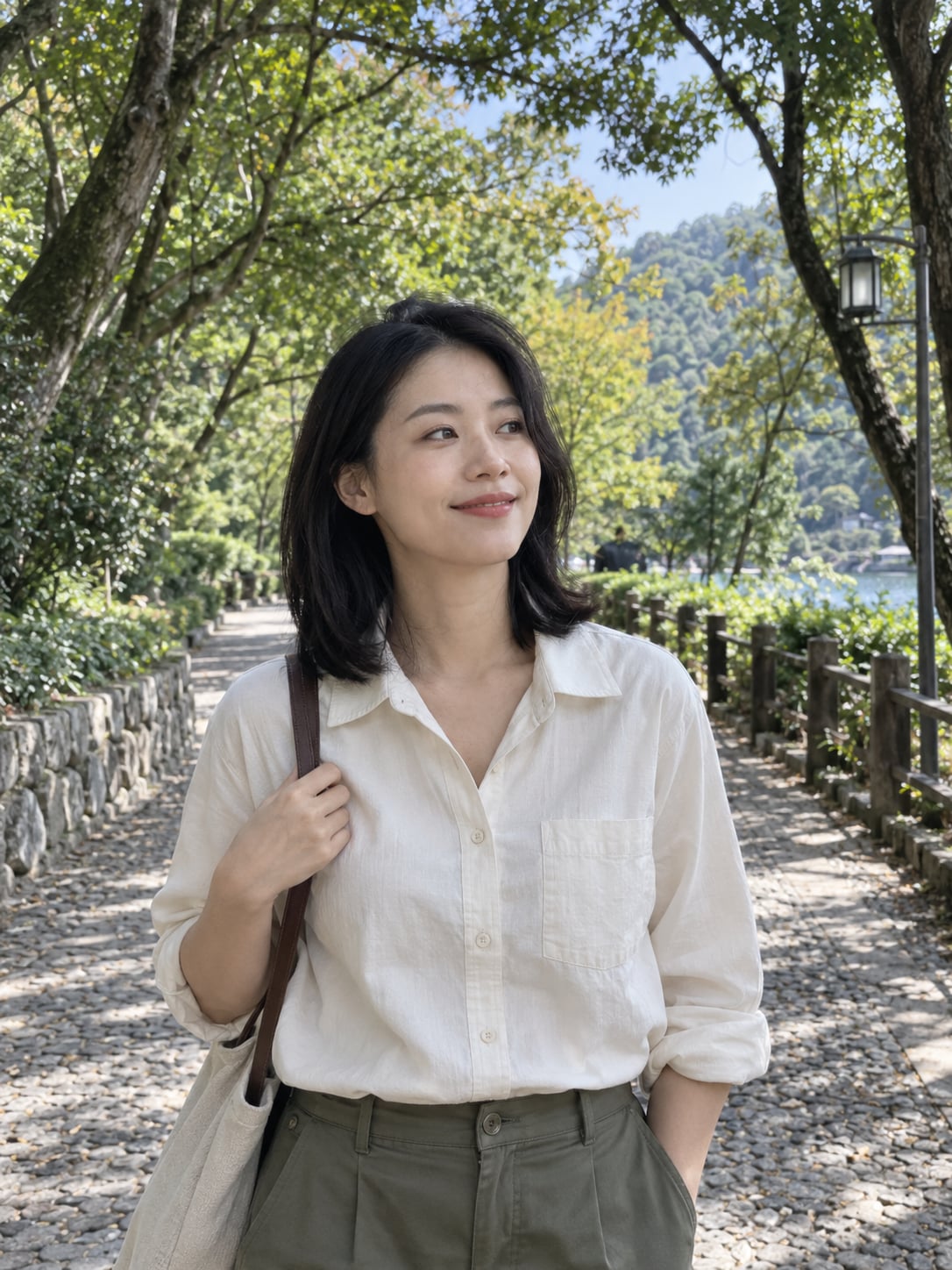 Fictional woman in a white shirt on a leafy path
