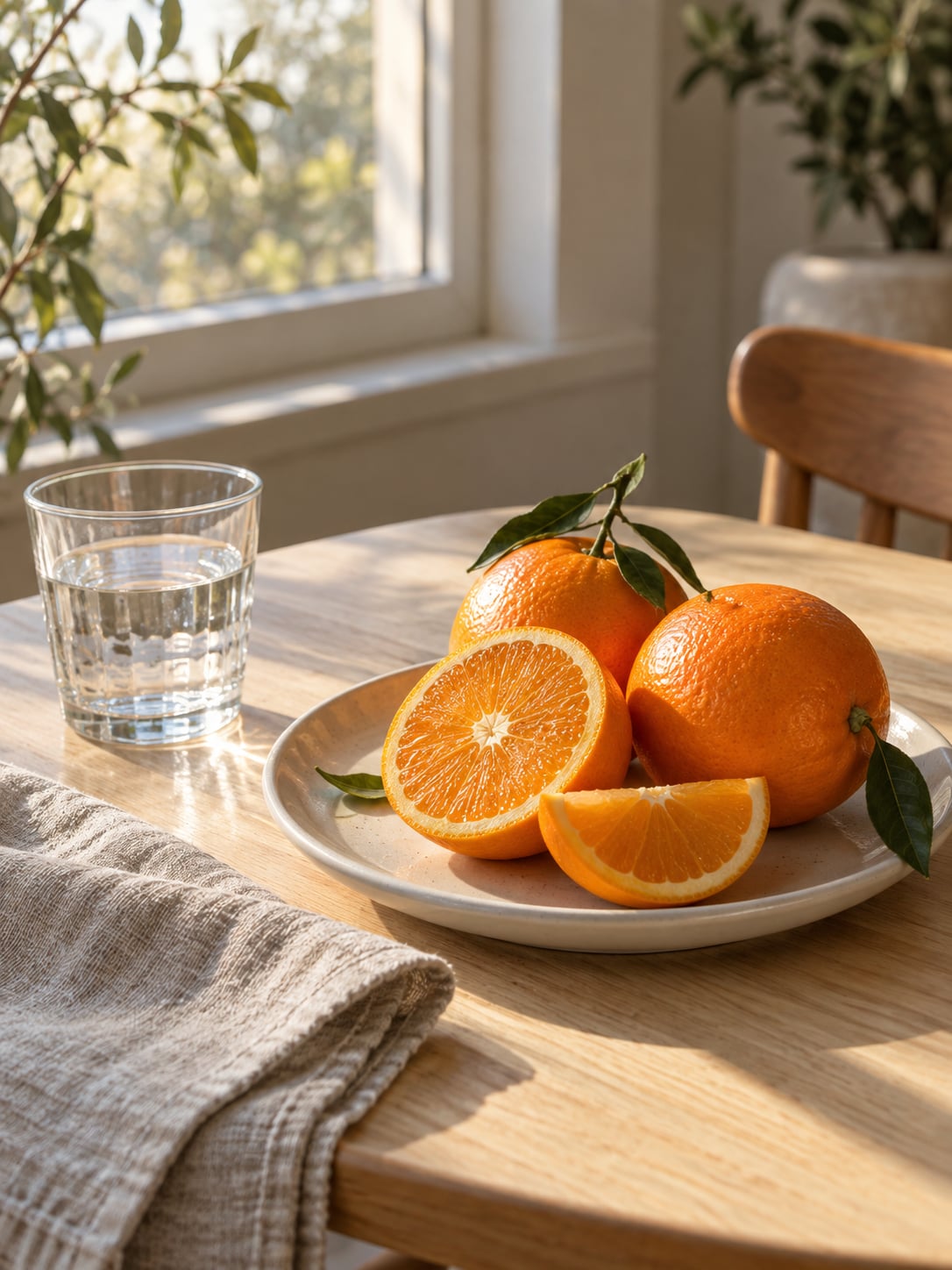 Oranges and a glass of water on a café table