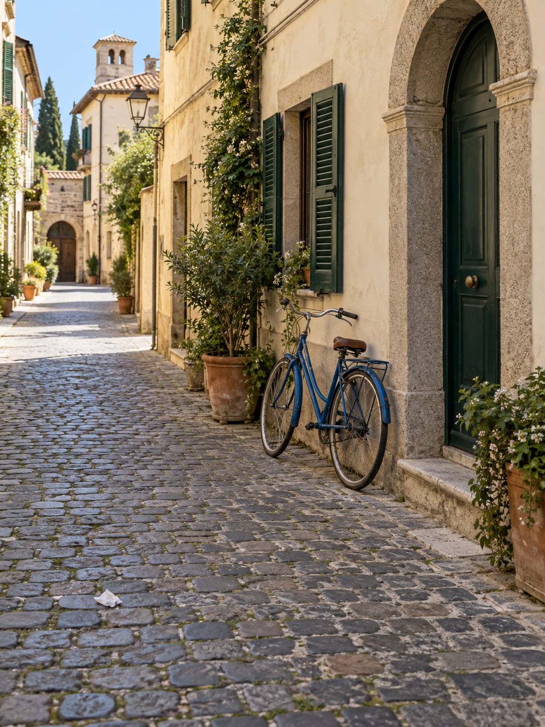 A blue bicycle beside a sunlit street